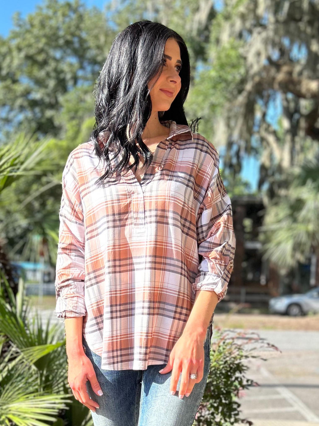 Patch Collared Plaid Top | Brown