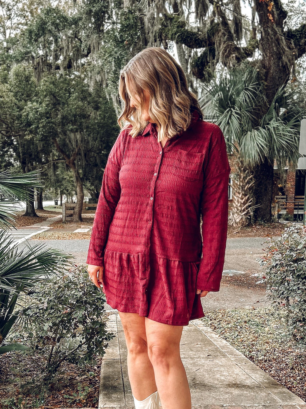 Button Down Tiered Dress | Red Wine