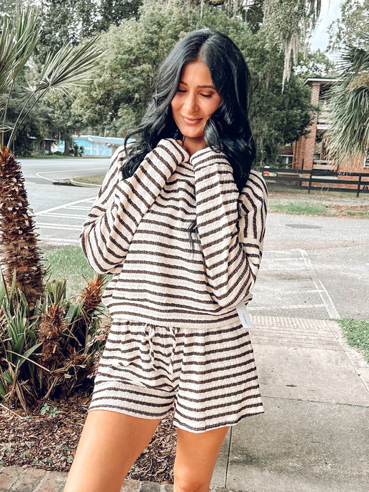 Cozy Stripe Lounge Short Set | Brown