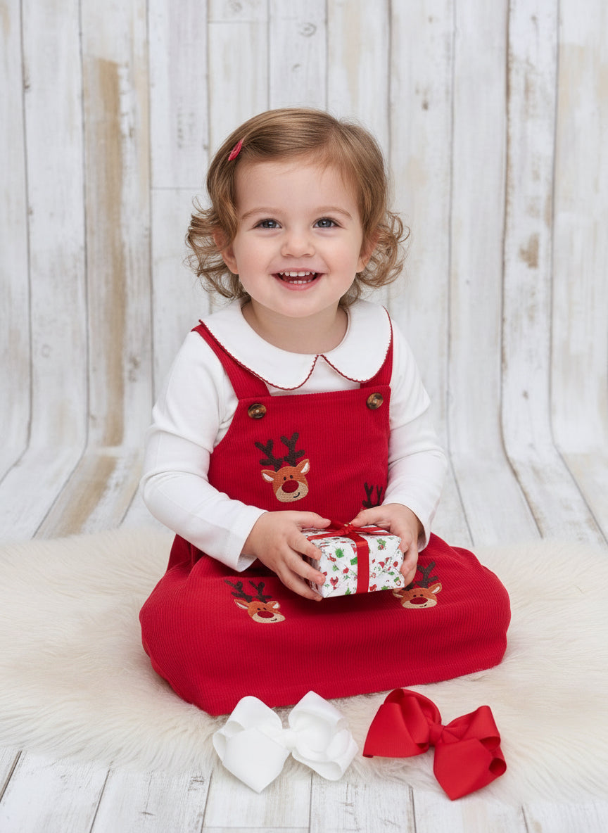 Embroidered Reindeer Corduroy Set | Red