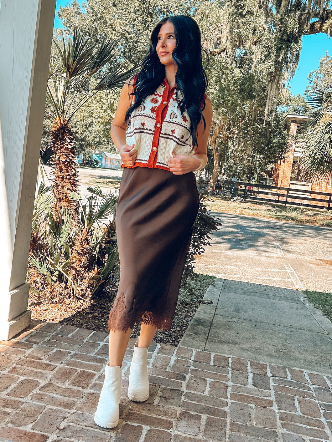 Satin Slip On Pencil Skirt | Brown