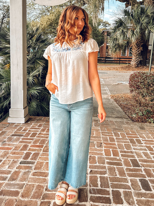 Embroidery Yoked Top | White