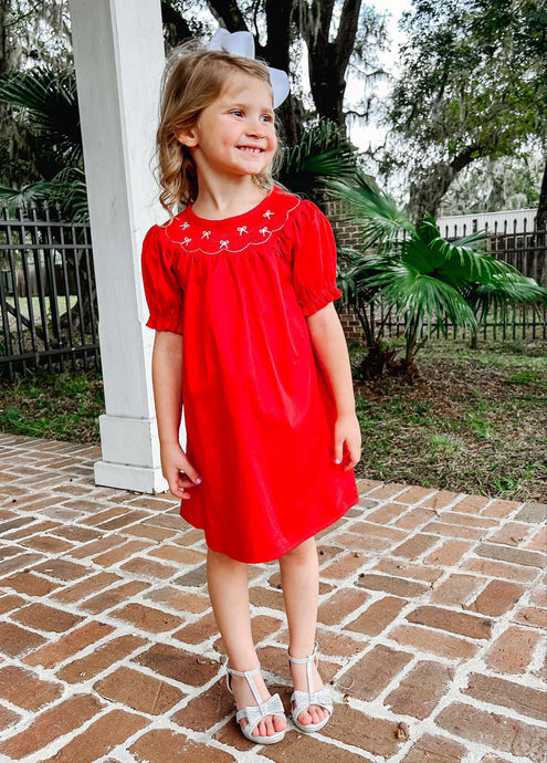 Christmas Bow Smocked Dress | Red