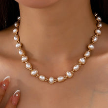 Bezel-Set Oval Faux Pearl Link Station Necklace | Gold