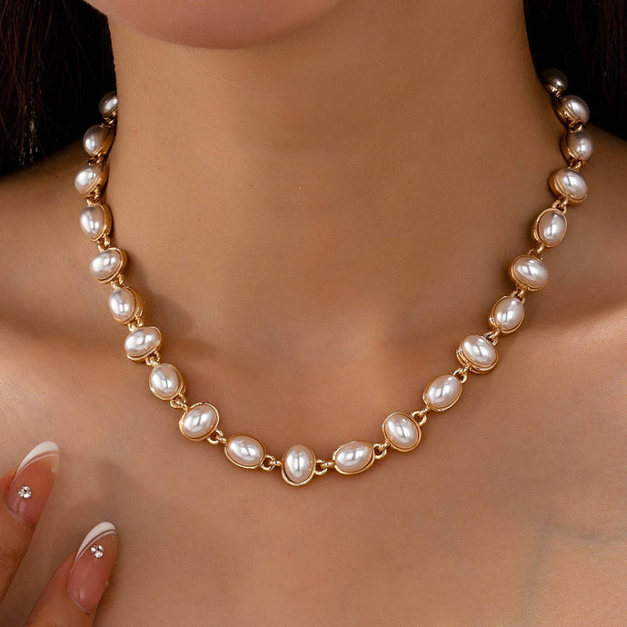 Bezel-Set Oval Faux Pearl Link Station Necklace | Gold
