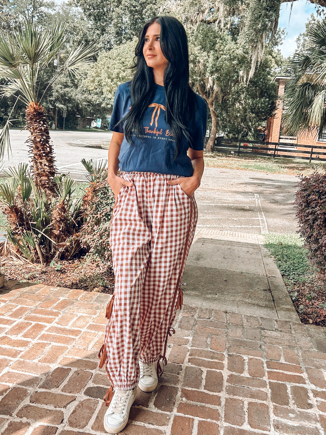 Gingham Bow Tie Cargo Pant | Brown