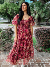 Floral Polka Dot Tulle Midi Dress | Burgundy