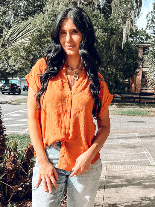 Textured Gauze Button Top | Pumpkin