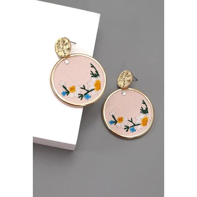 Leather Embroidery Earrings | Pink