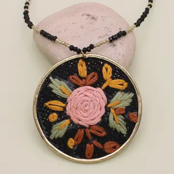 Floral Cross Bead Necklace | Black