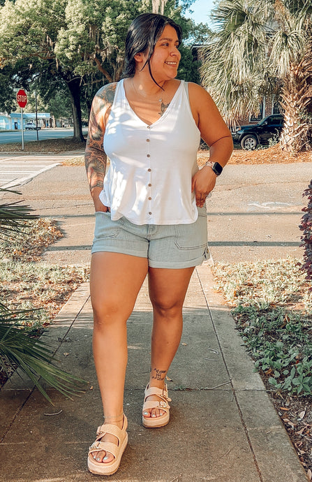 Mid Rise Utility Denim Shorts
