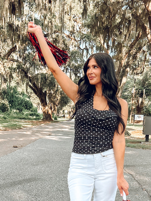 Polka Dot Halter Ruched Top | Black