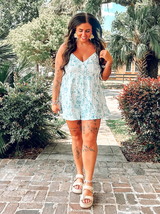 Cotton Floral Denim Romper | Blue/White