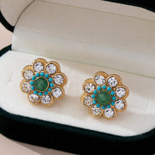 Turquoise & Crystal Flower Stud Earrings | Gold