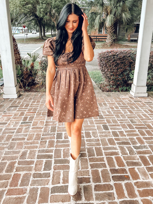 Ditzy Floral Denim Puff Mini Dress | Dark Brown