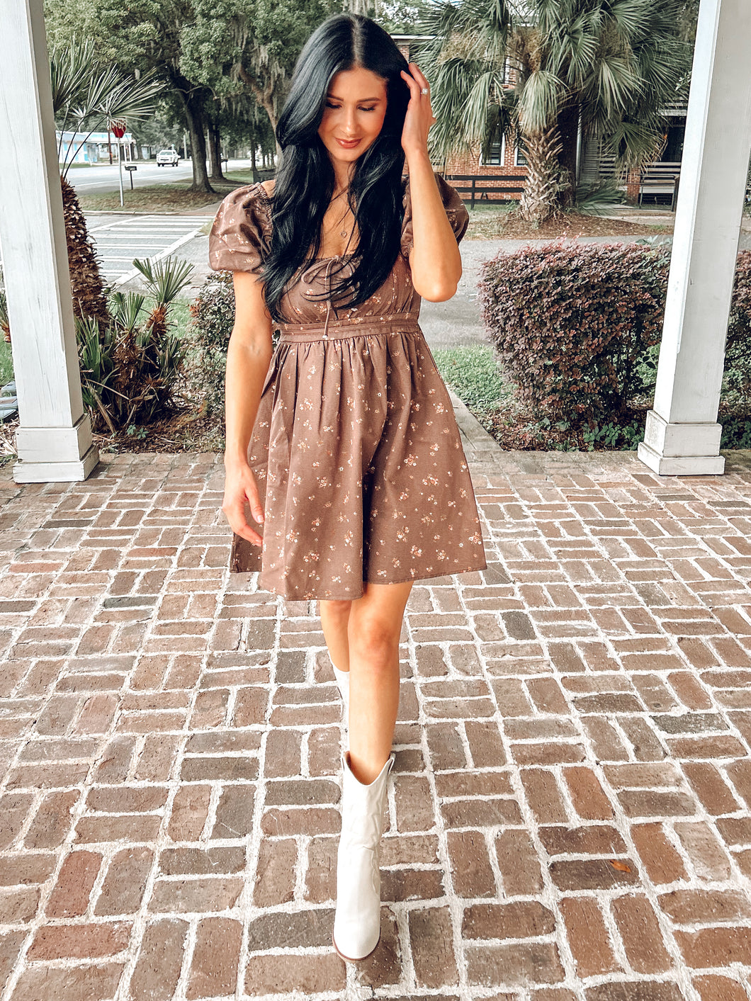 Ditzy Floral Denim Puff Mini Dress | Dark Brown