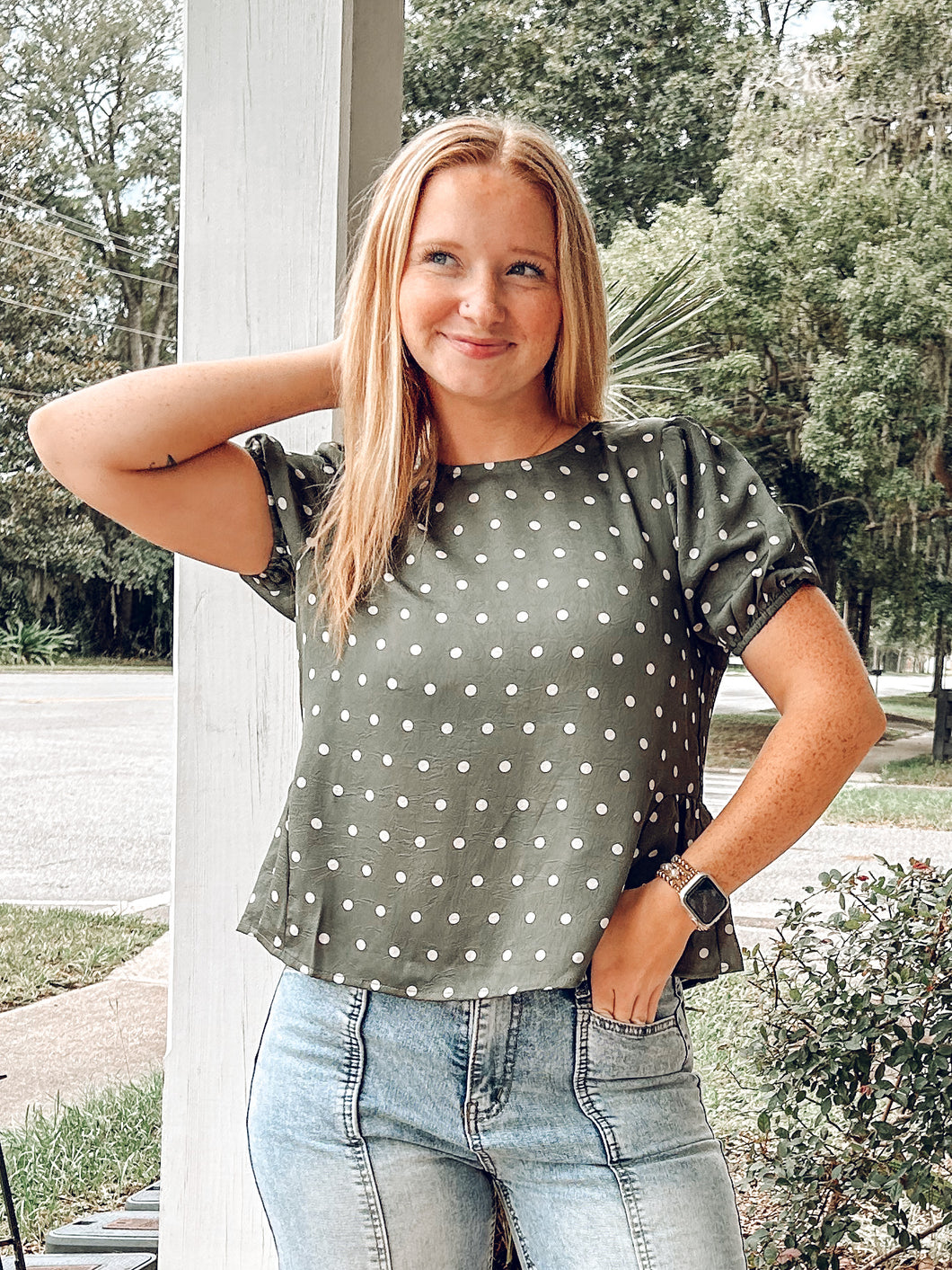 Polka Dot Peplum Top | Olive