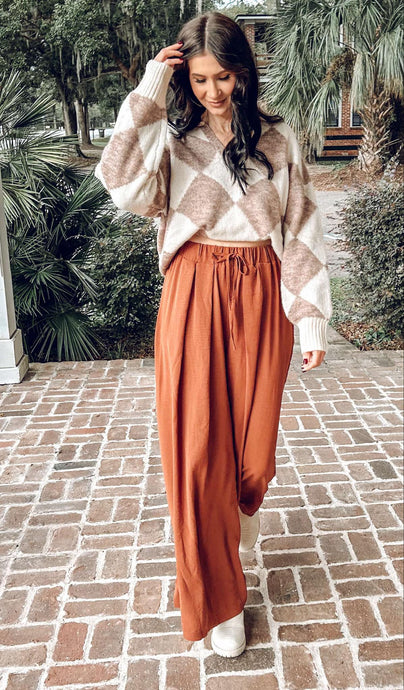 Pleated Wide Leg Pant | Rust