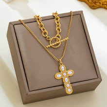 Gold-Tone Chain Pearl Cross Layered Necklace | Gold