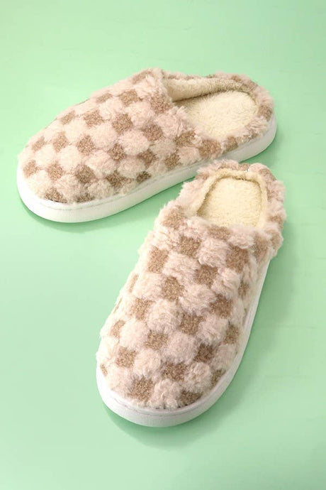 Brown Plush Checkered Slippers | Small/Medium