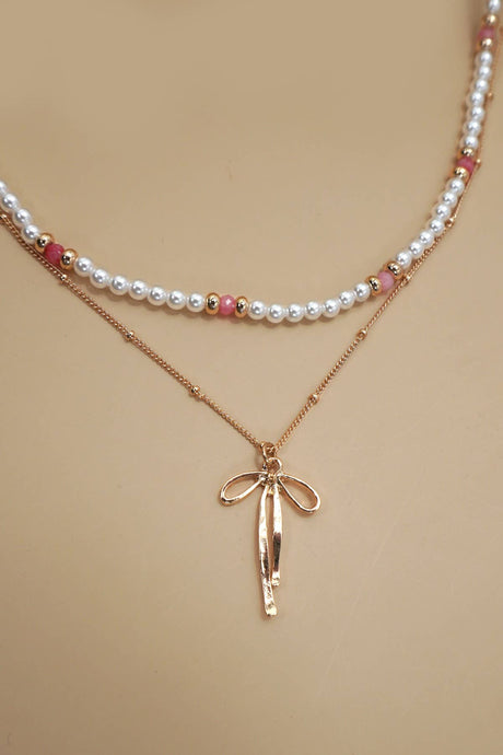 DOUBLE LAYER PEARL GOLD CHAIN BOW CHARM NECKLACE | 80N91473: Gold
