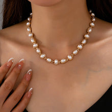 Bezel-Set Oval Faux Pearl Link Station Necklace | Gold