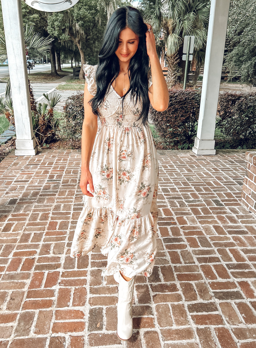 Rose Floral Printed Smocked Dress | Blush/Cream