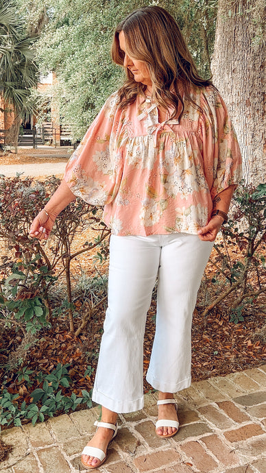 Eyelet Floral Peasant Top | Peachy Pink