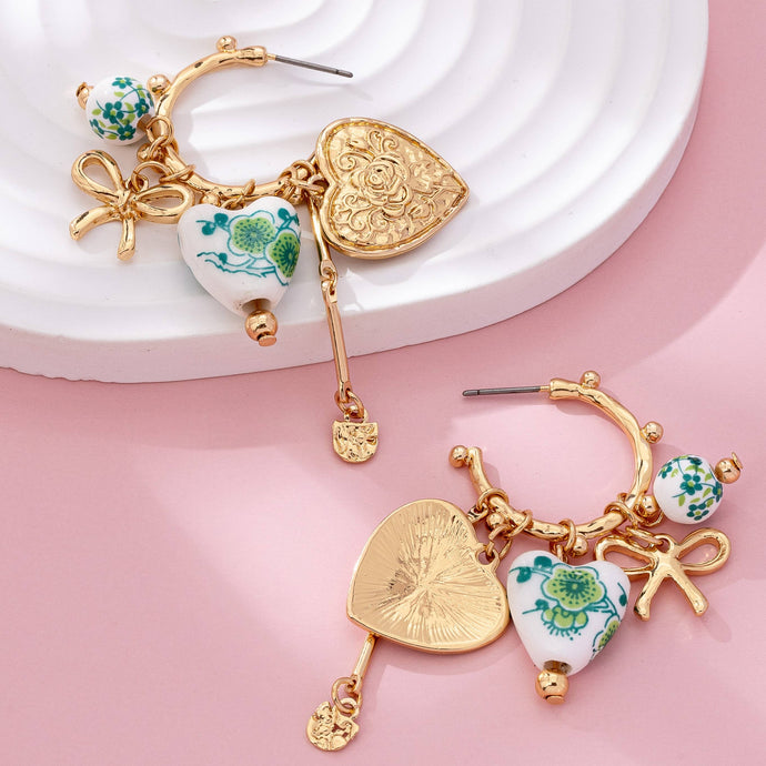 Chinoiserie Heart Charm Hoop Earrings | Gold