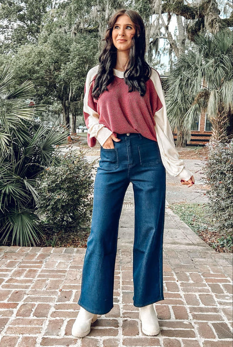 Ribbed Block Knit Top | Burgundy