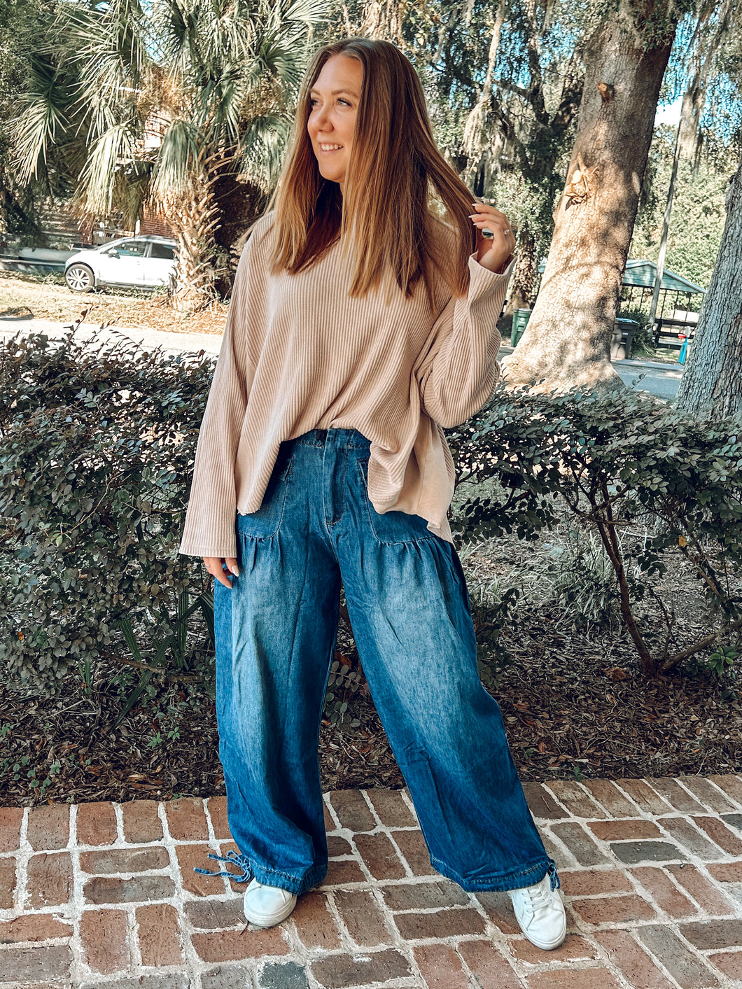 Tie Barrel Leg Denim Pants | Dark Denim