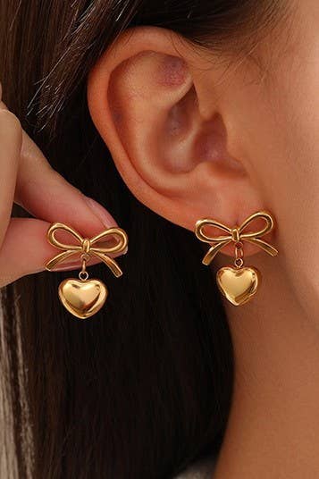 18K Coated Heart Bow Earrings | Gold