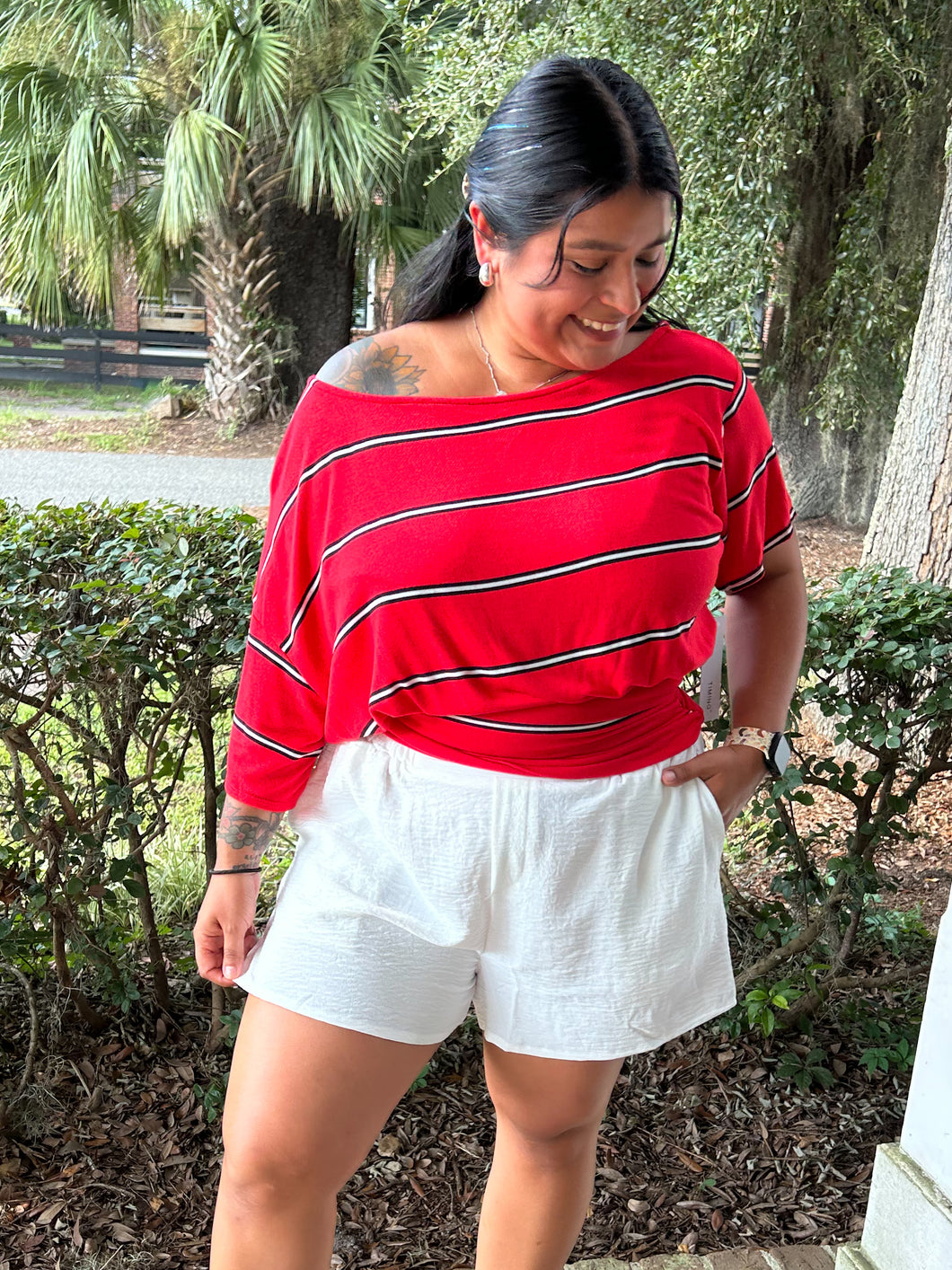 Asymmetrical Stripe Dolman Top | Red