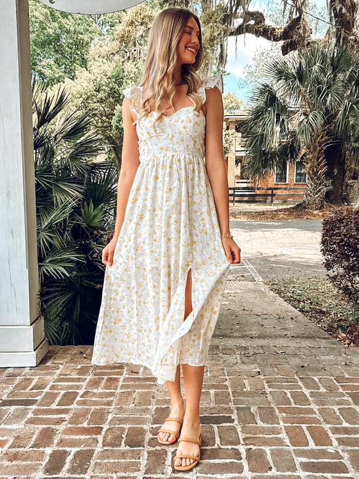 Fields Eyelet Midi Dress | Yellow