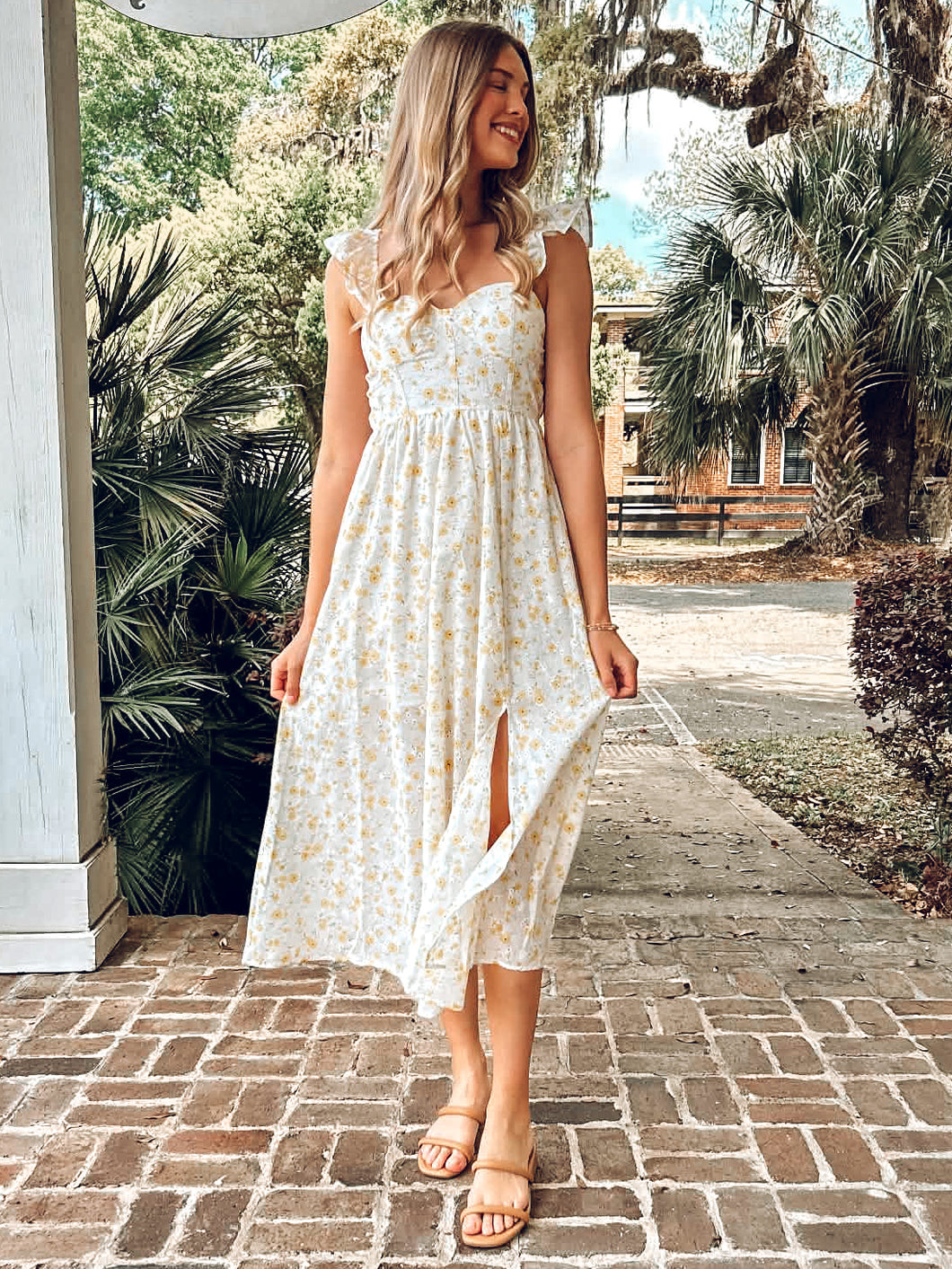 Fields Eyelet Midi Dress | Yellow