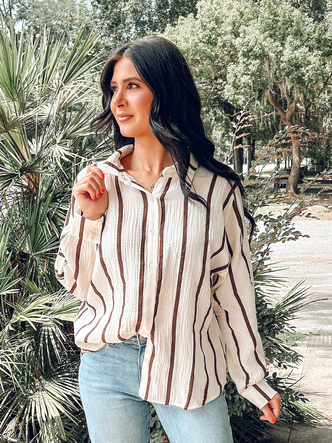 Cotton Dolman Striped Top | Brown