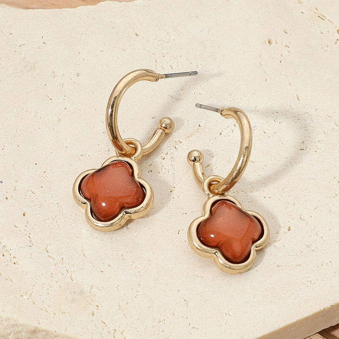 Quatrefoil Charm Drop Hoop Earrings | Brown