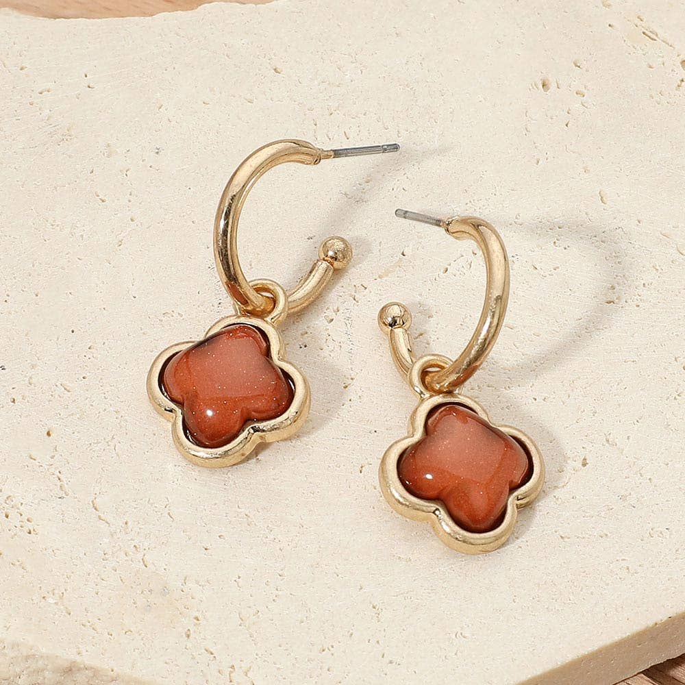 Quatrefoil Charm Drop Hoop Earrings | Brown