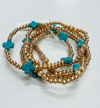 Gold Beaded and Turquoise Cross Bracelets | Set of 5