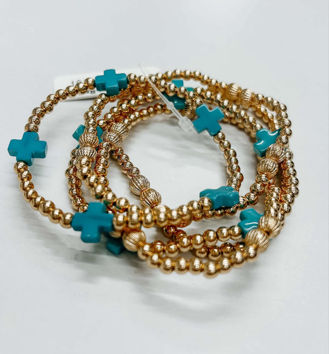 Gold Beaded and Turquoise Cross Bracelets | Set of 5