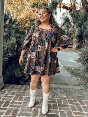 Patsy Patched MIni Dres | Olive