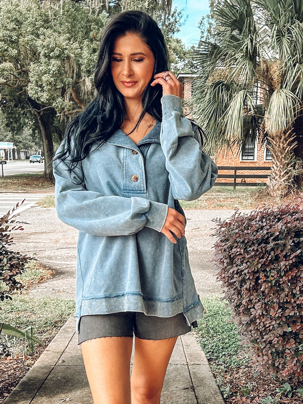 Mock Neck Mineral Washed Top | Denim