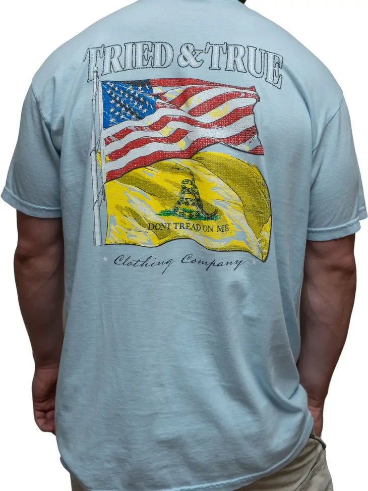 picture 1 men's light blue tee with flags 