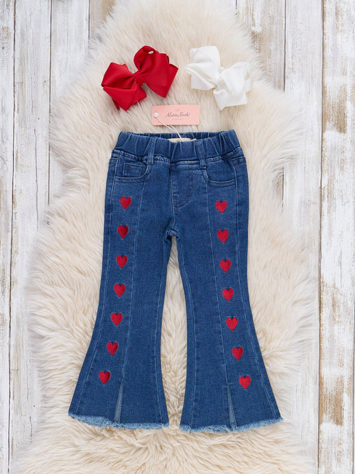 Heart Embroidered Denim Bell Bottoms