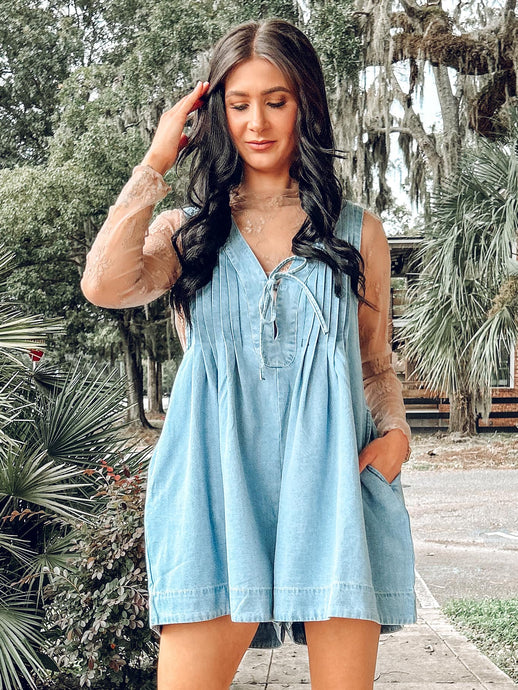 Aubree Pleated Tied Romper | Light Denim