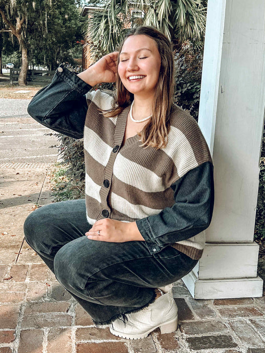 Black Denim Striped Cardigan | Mocha