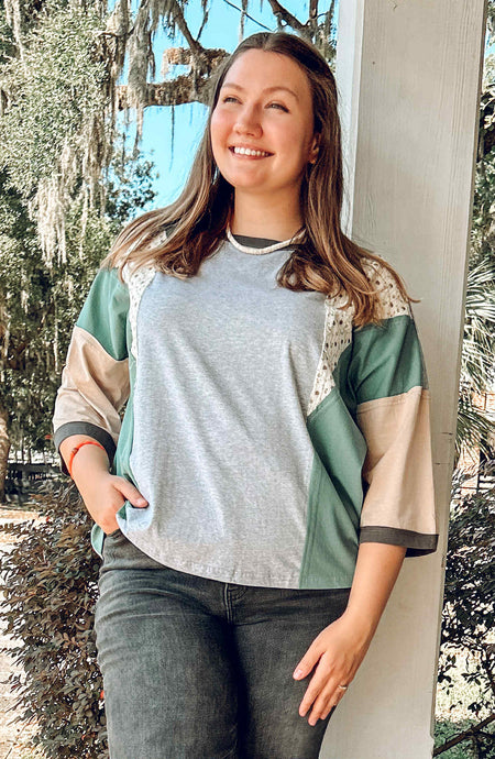 Helen Colorblock Floral Top | Grey/Green