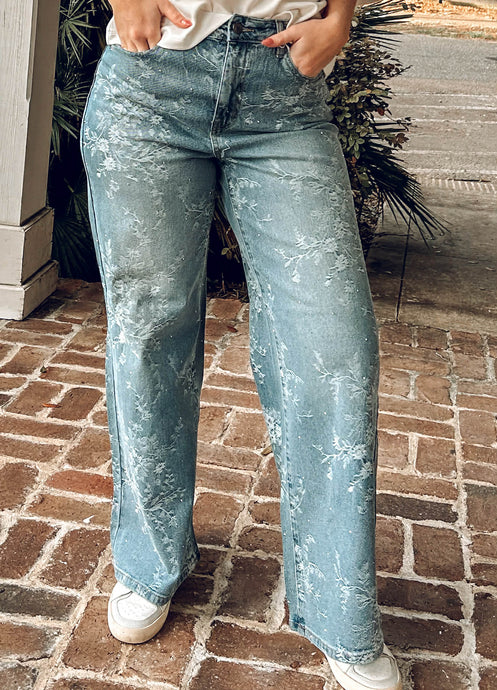 Embossed Floral Wide Leg Denim