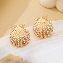 Scalloped Shell Pearl Stud Earrings |  Gold