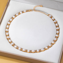 Bezel-Set Oval Faux Pearl Link Station Necklace | Gold